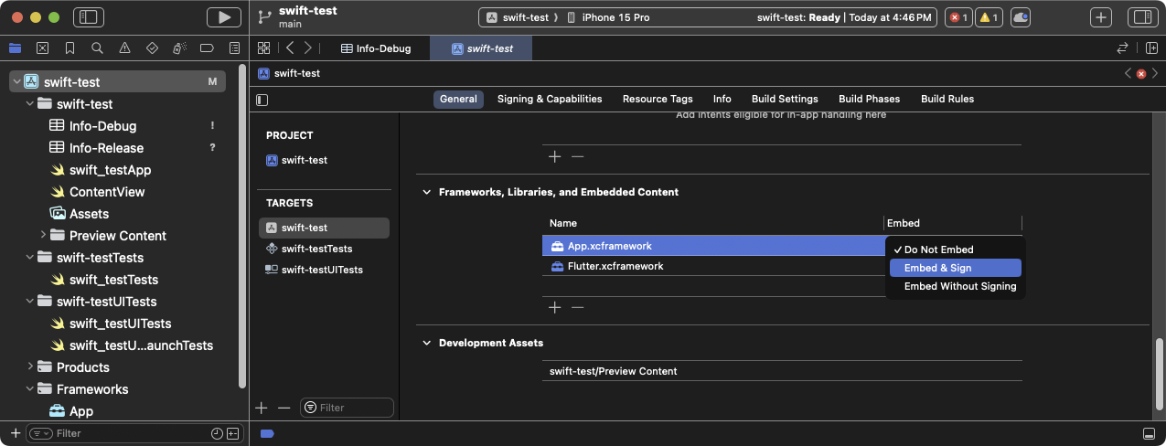 在 Xcode 中为每个框架选择 嵌入和签名 
