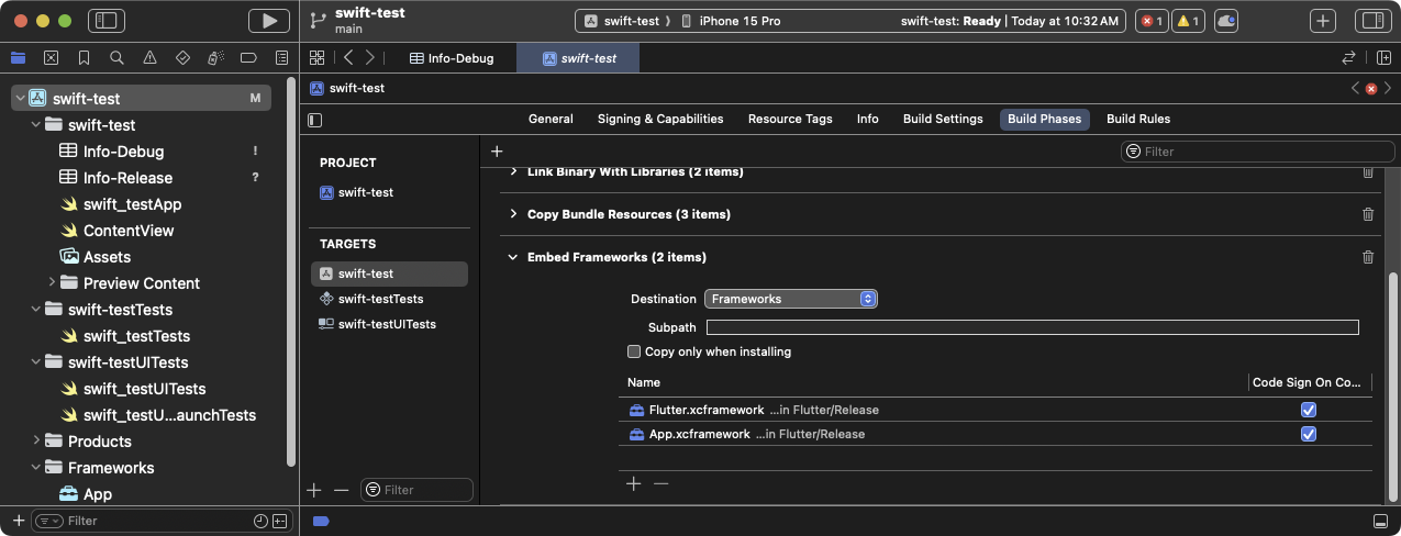 Xcode 中展开的 嵌入框架 构建阶段