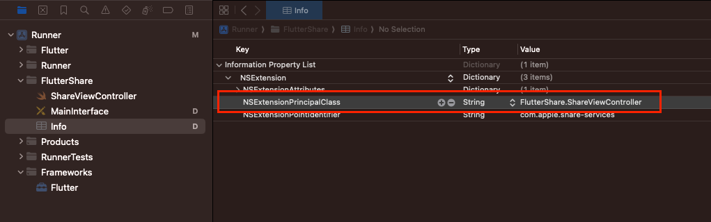 在 Xcode 中的 Info.plist 文件中设置 NSExtensionPrincipalClass 属性。