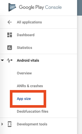 Google Play Console 中的应用大小选项卡