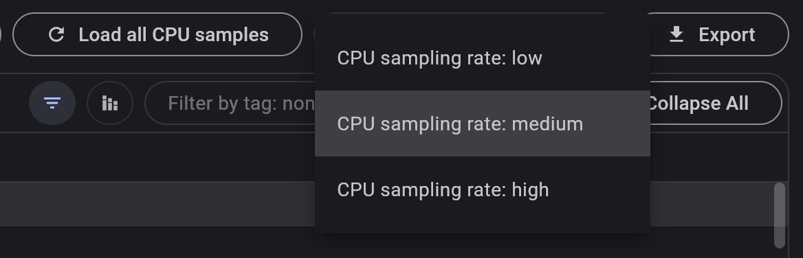 cpu 采样率菜单的屏幕截图