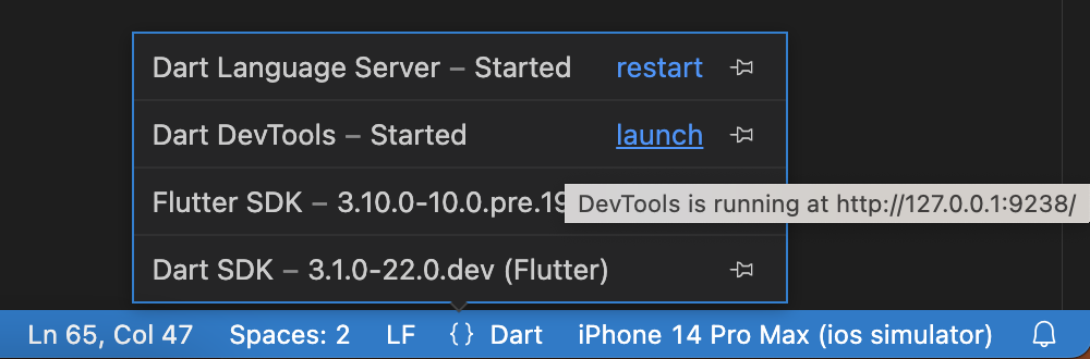 显示 VS Code 语言状态区域中 DevTools 的屏幕截图