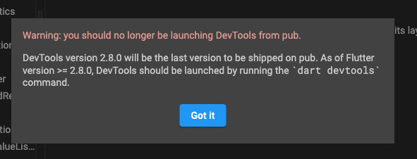 dart devtools 警告对话框